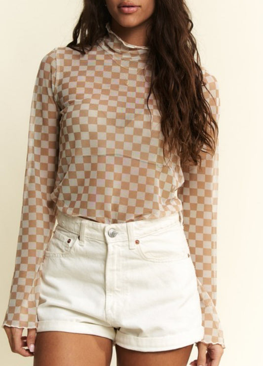 Taupe Checker Mesh Top